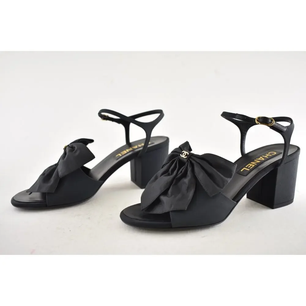 Chanel 24A Black Silk Bow Crystal CC Logo Ankle Strap Block Heel Sandals 42 - Picture 15 of 16